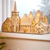 Pre-Lit Wooden Church And Village Scene, 35 Cm