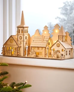 Pre-Lit Wooden Church And Village Scene, 35 Cm