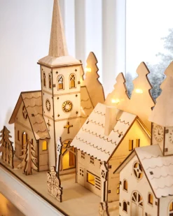 Pre-Lit Wooden Church And Village Scene, 35 Cm