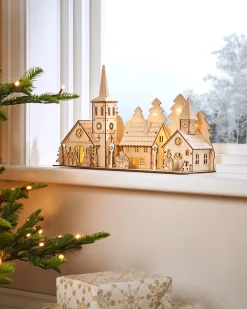 Pre-Lit Wooden Church And Village Scene, 35 Cm