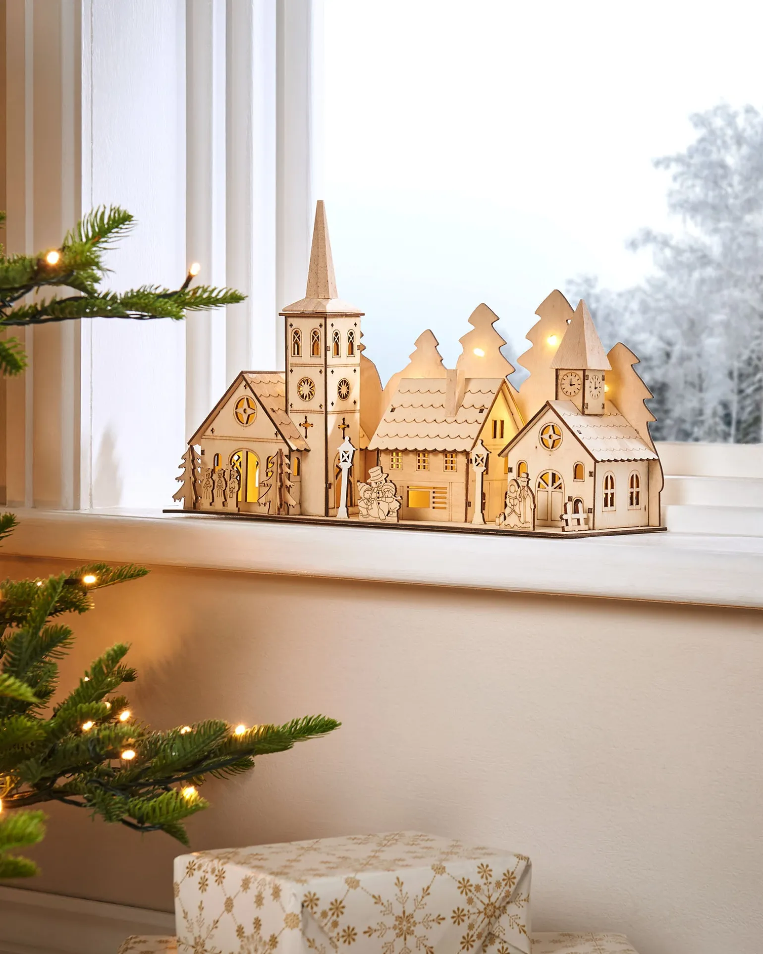 Pre-Lit Wooden Church And Village Scene, 35 Cm