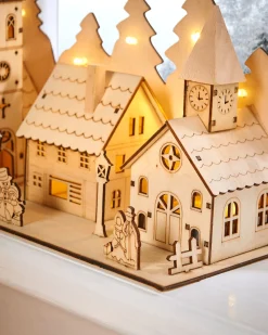 Pre-Lit Wooden Church And Village Scene, 35 Cm