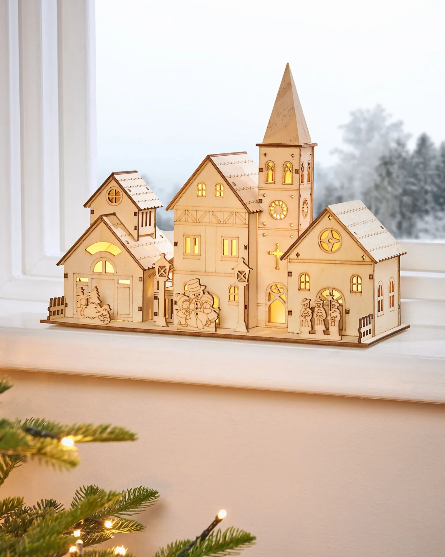 Pre-Lit Wooden Church Scene, 28 Cm