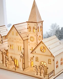 Pre-Lit Wooden Church Scene, 28 Cm