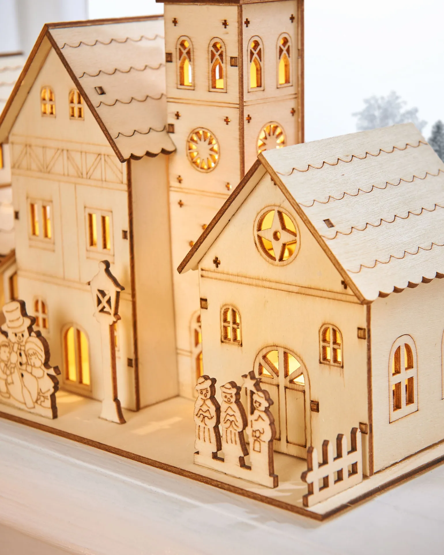 Pre-Lit Wooden Church Scene, 28 Cm