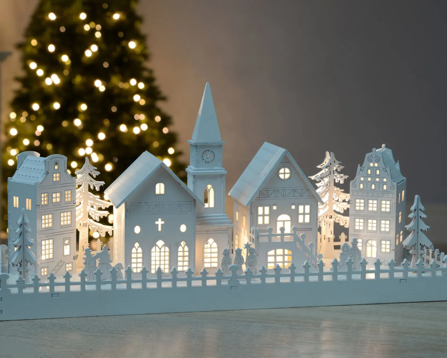 Pre-Lit Wooden Village Church Scene, 45 Cm