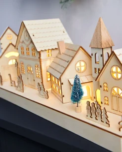 Pre-Lit Wooden Village Scene, Neutral, 48 Cm