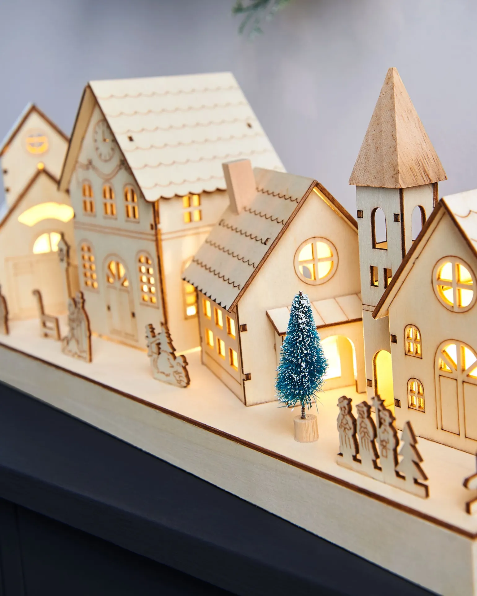 Pre-Lit Wooden Village Scene, Neutral, 48 Cm
