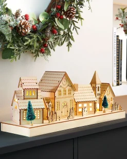 Pre-Lit Wooden Village Scene, Neutral, 48 Cm
