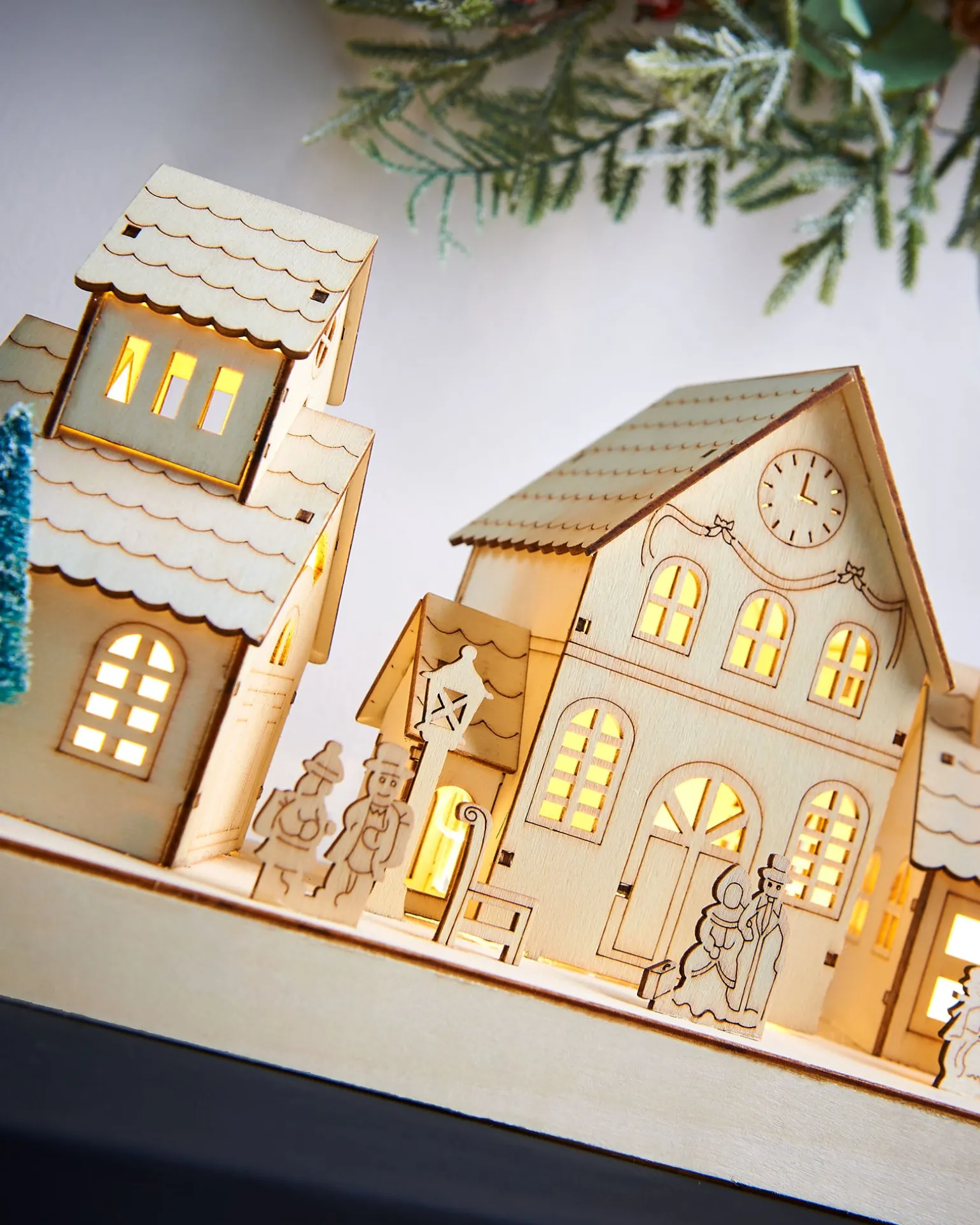 Pre-Lit Wooden Village Scene, Neutral, 48 Cm