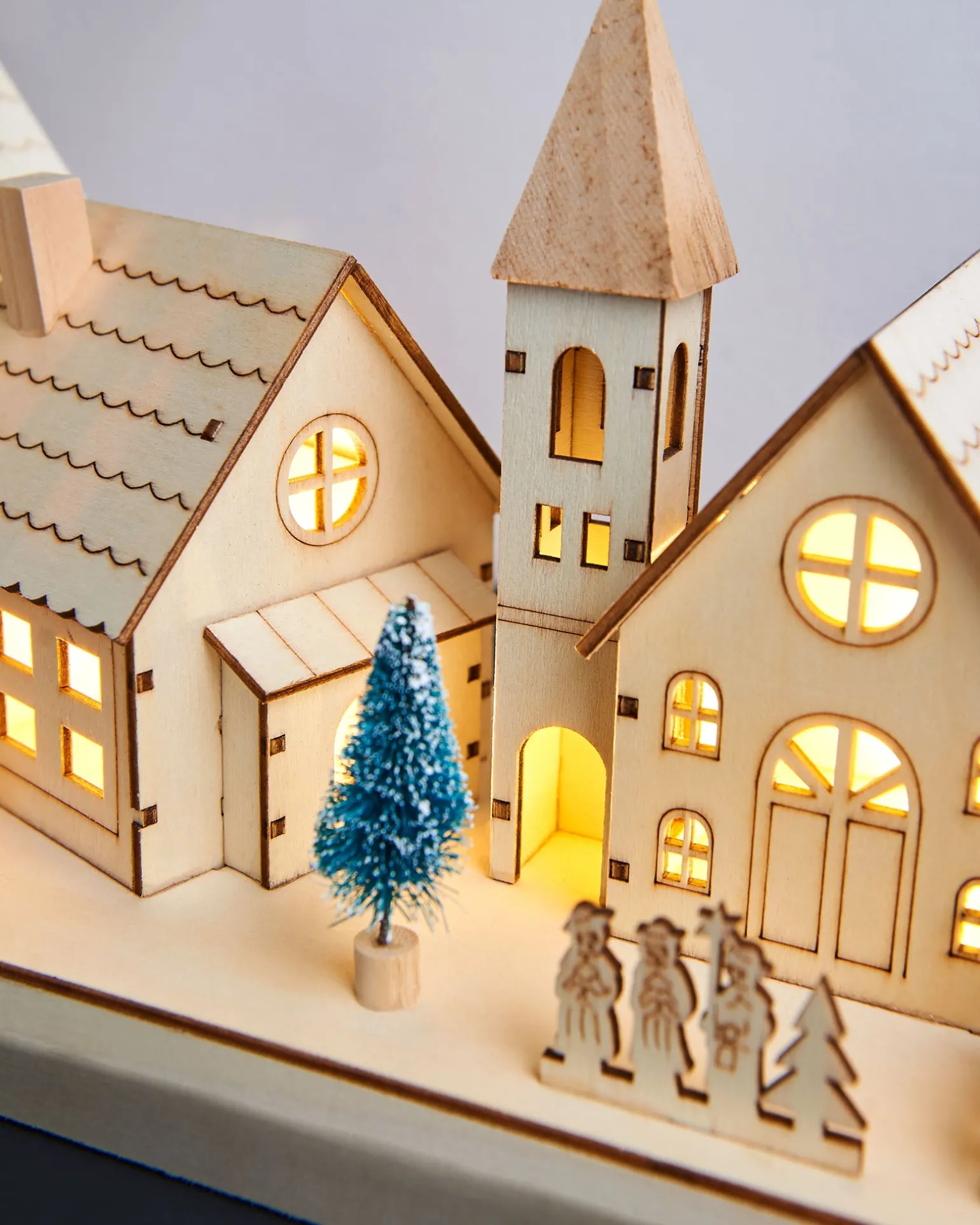 Pre-Lit Wooden Village Scene, Neutral, 48 Cm