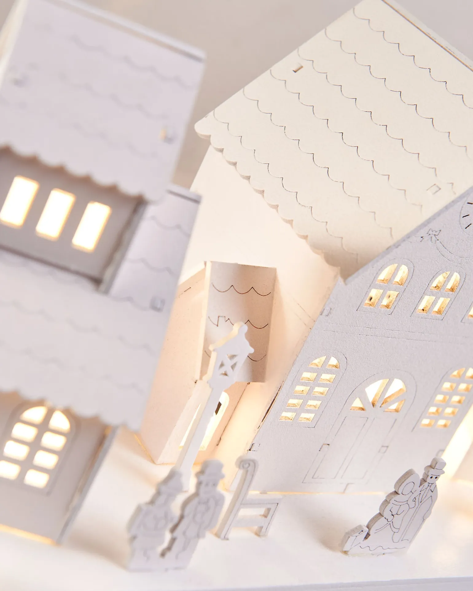 Pre-Lit Wooden Village Scene, White, 48 Cm