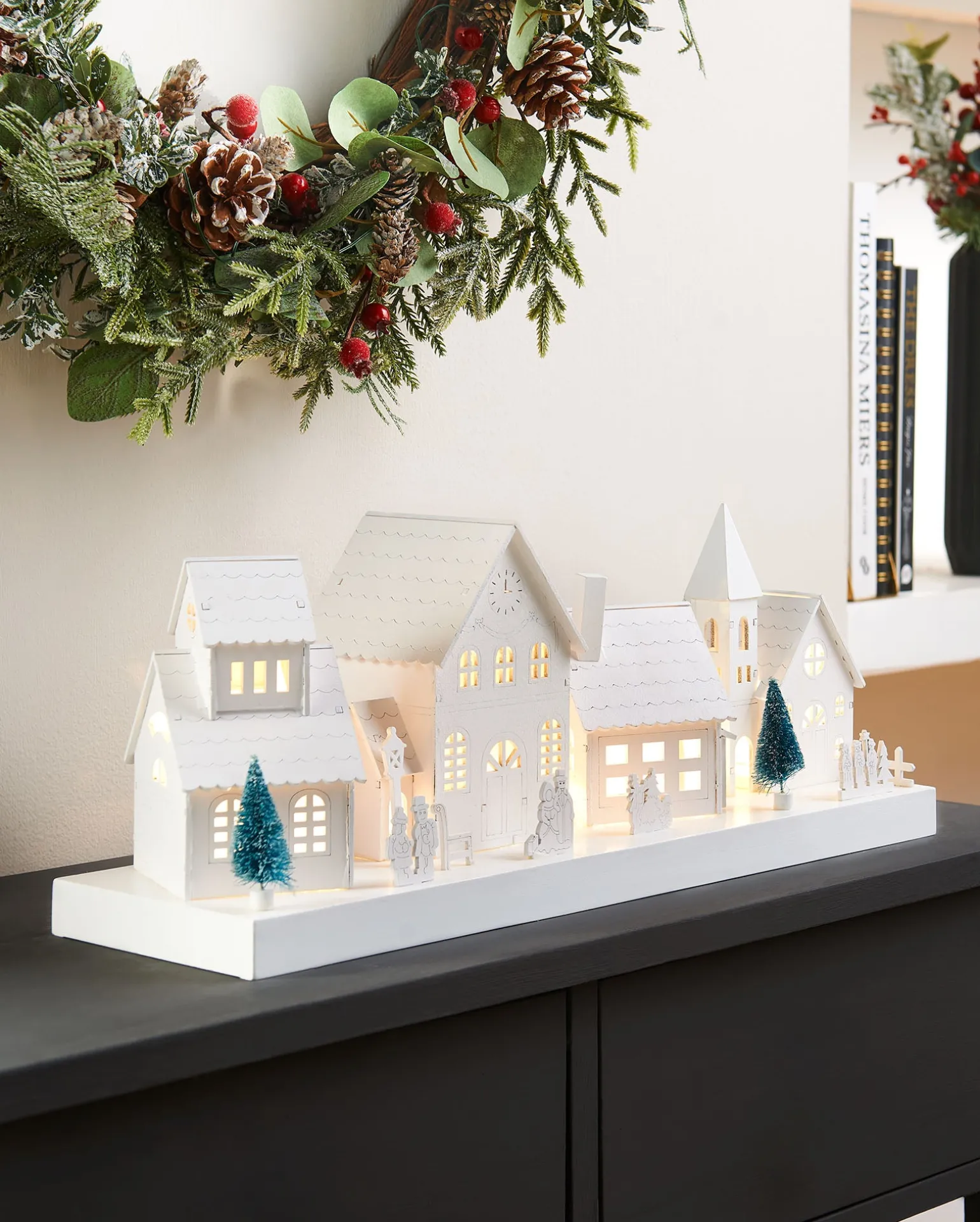 Pre-Lit Wooden Village Scene, White, 48 Cm