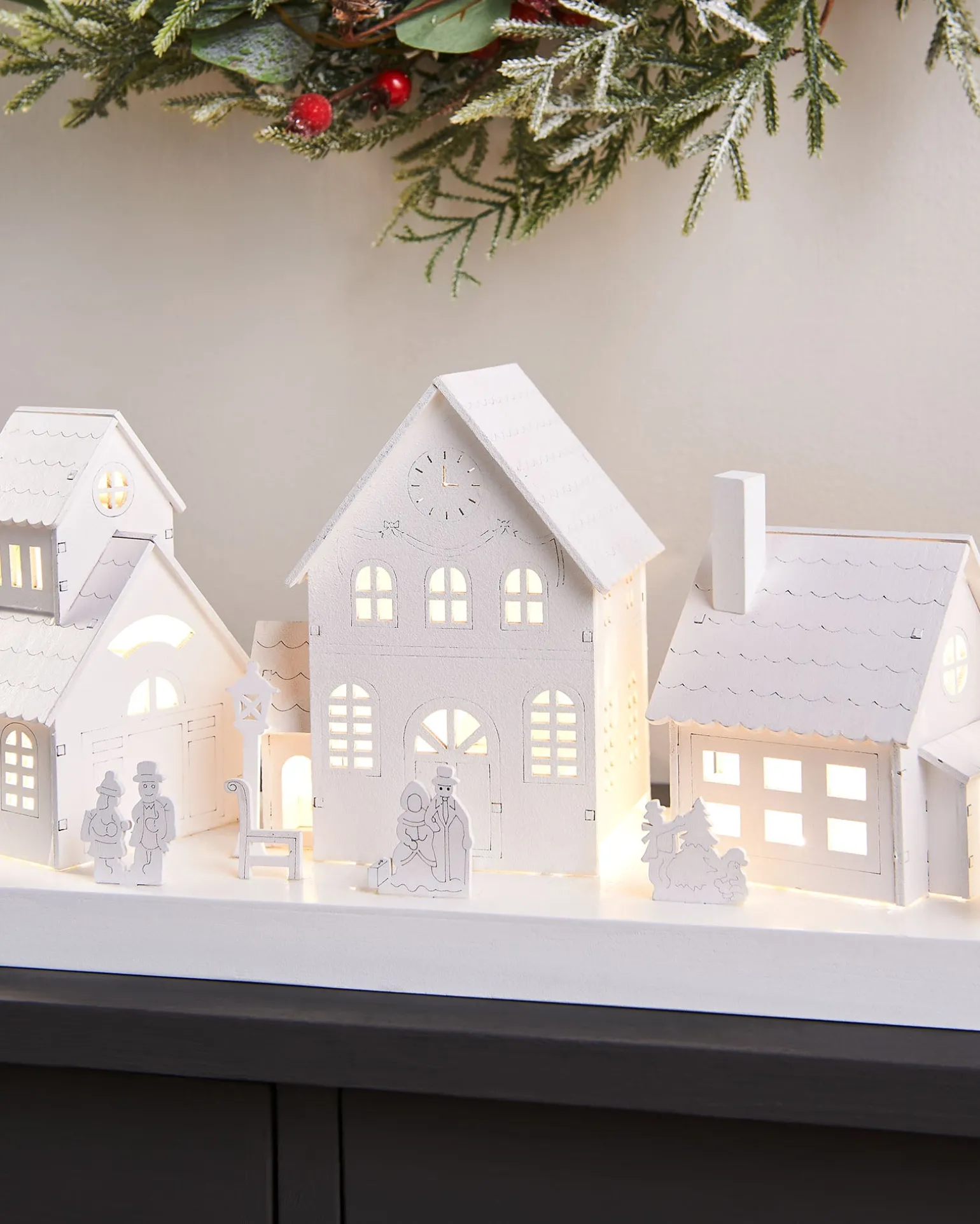 Pre-Lit Wooden Village Scene, White, 48 Cm