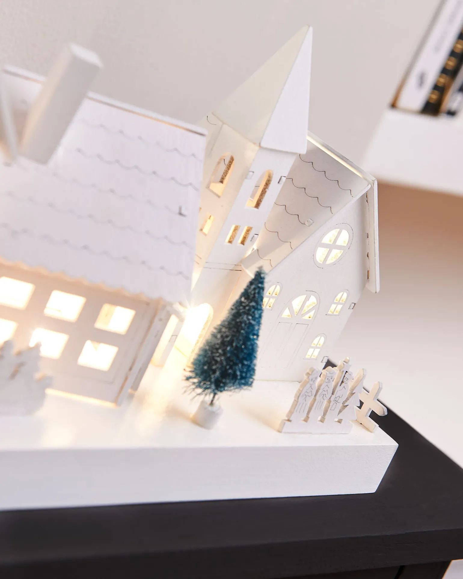 Pre-Lit Wooden Village Scene, White, 48 Cm