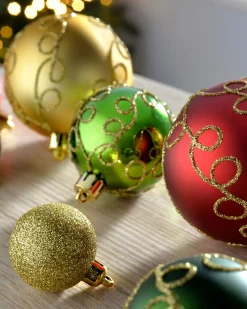 Red, Gold And Green Shatterproof Baubles, 50 Pack