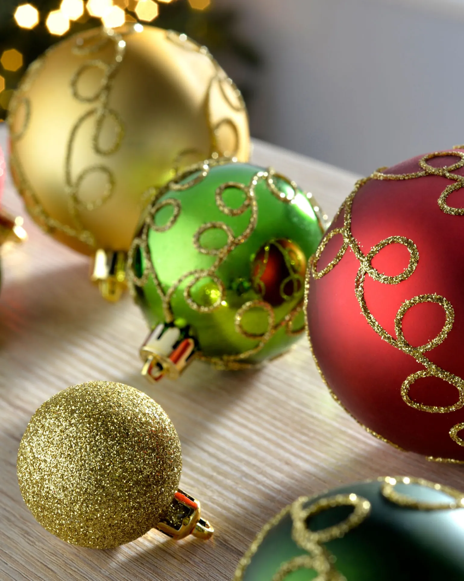 Red, Gold And Green Shatterproof Baubles, 50 Pack