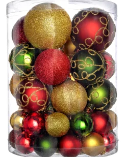 Red, Gold And Green Shatterproof Baubles, 50 Pack