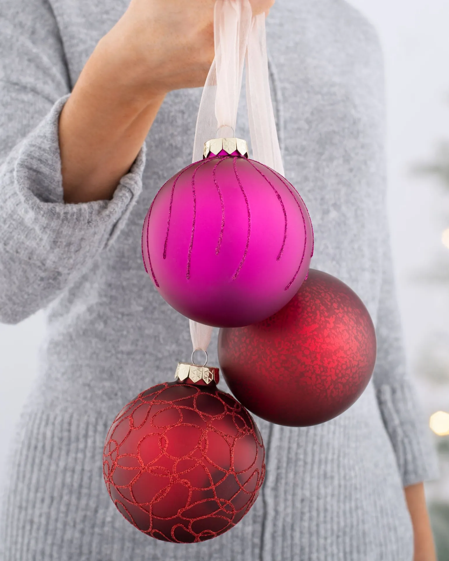 Ruby Glass Baubles, 3 Pack, 10 Cm