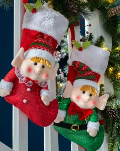 Set Of 2 Elf Stockings, Red And Green, 53 Cm