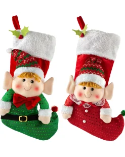 Set Of 2 Elf Stockings, Red And Green, 53 Cm