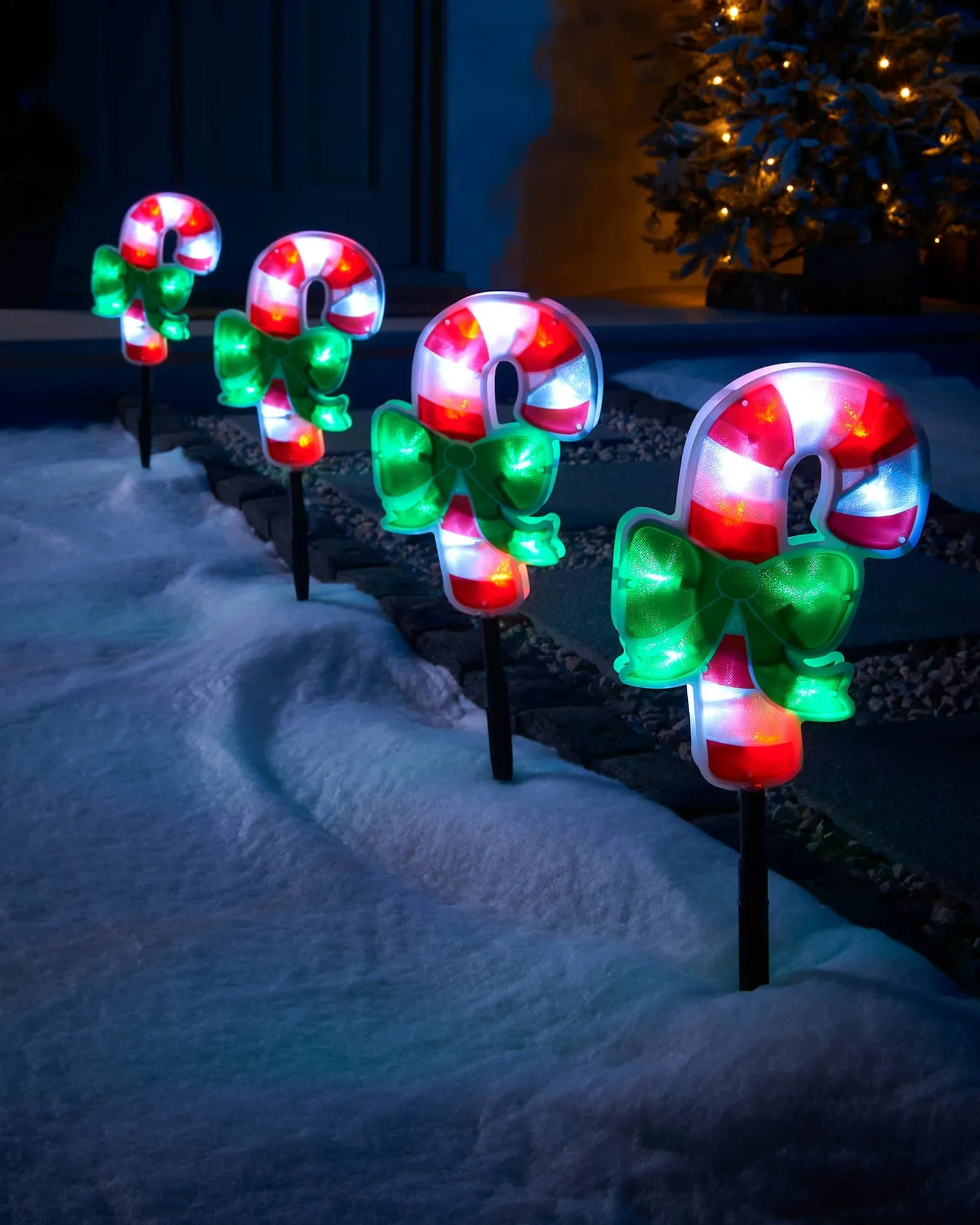 Set Of 4 Pre-Lit Candy Cane Pathway Lights, 24 Cm