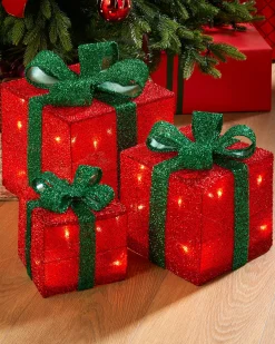 Set Of 3 Pre-Lit Gift Box Silhouettes, Red, 26 Cm