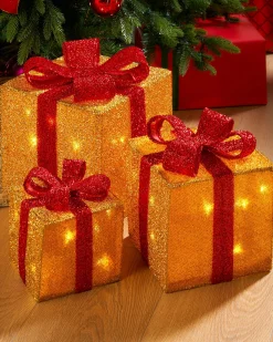 Set Of 3 Pre-Lit Gift Box Silhouettes, Gold