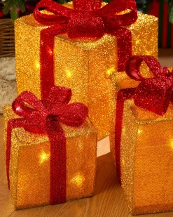 Set Of 3 Pre-Lit Gift Box Silhouettes, Gold