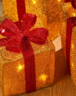 Set Of 3 Pre-Lit Gift Box Silhouettes, Gold