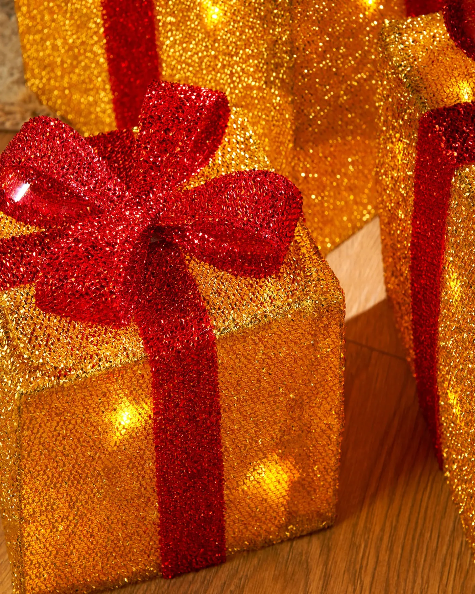 Set Of 3 Pre-Lit Gift Box Silhouettes, Gold