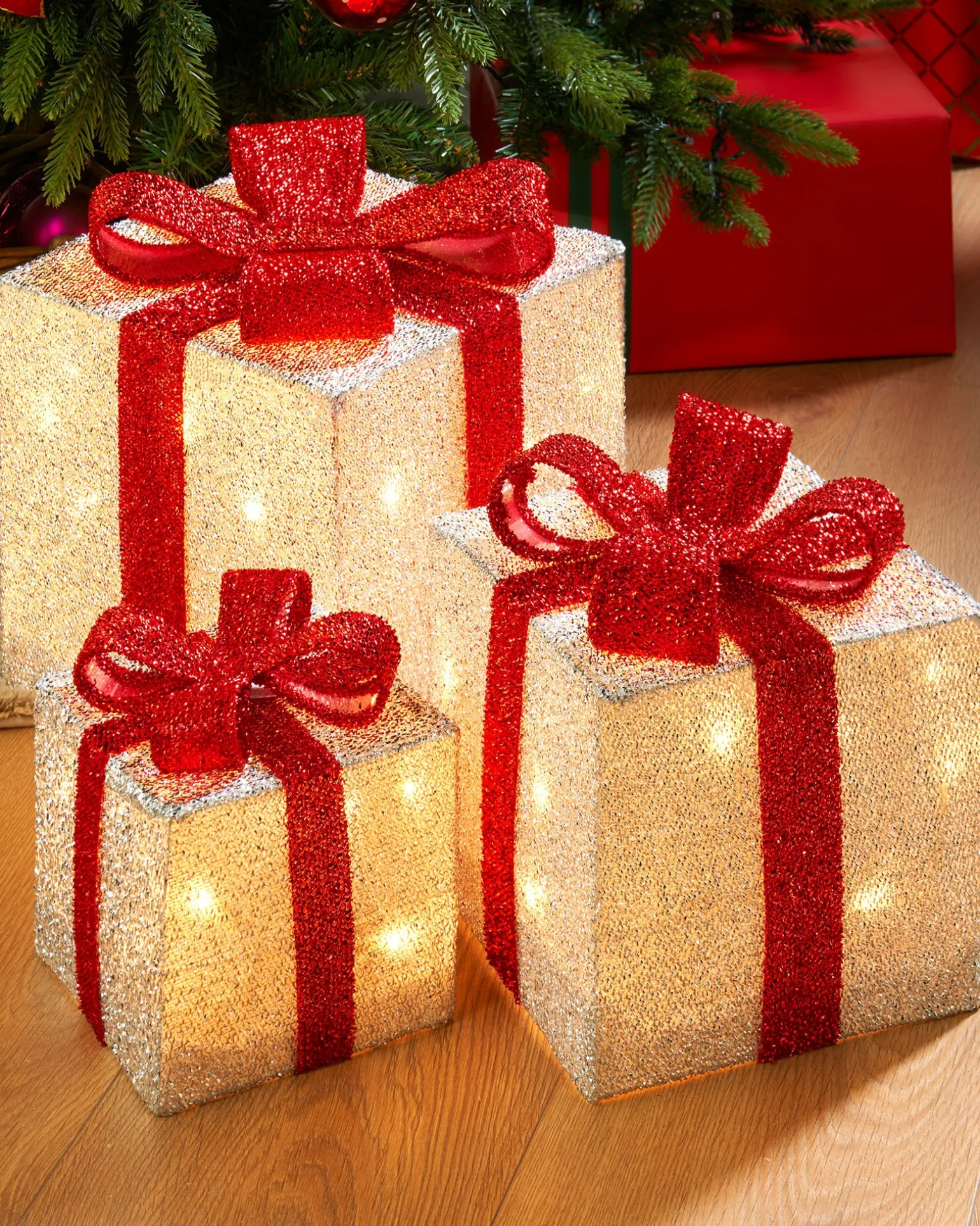 Set Of 3 Pre-Lit Gift Box Silhouettes, White