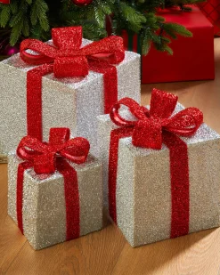 Set Of 3 Pre-Lit Gift Box Silhouettes, White