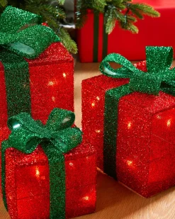 Set Of 3 Pre-Lit Gift Box Silhouettes 50 LED , Red