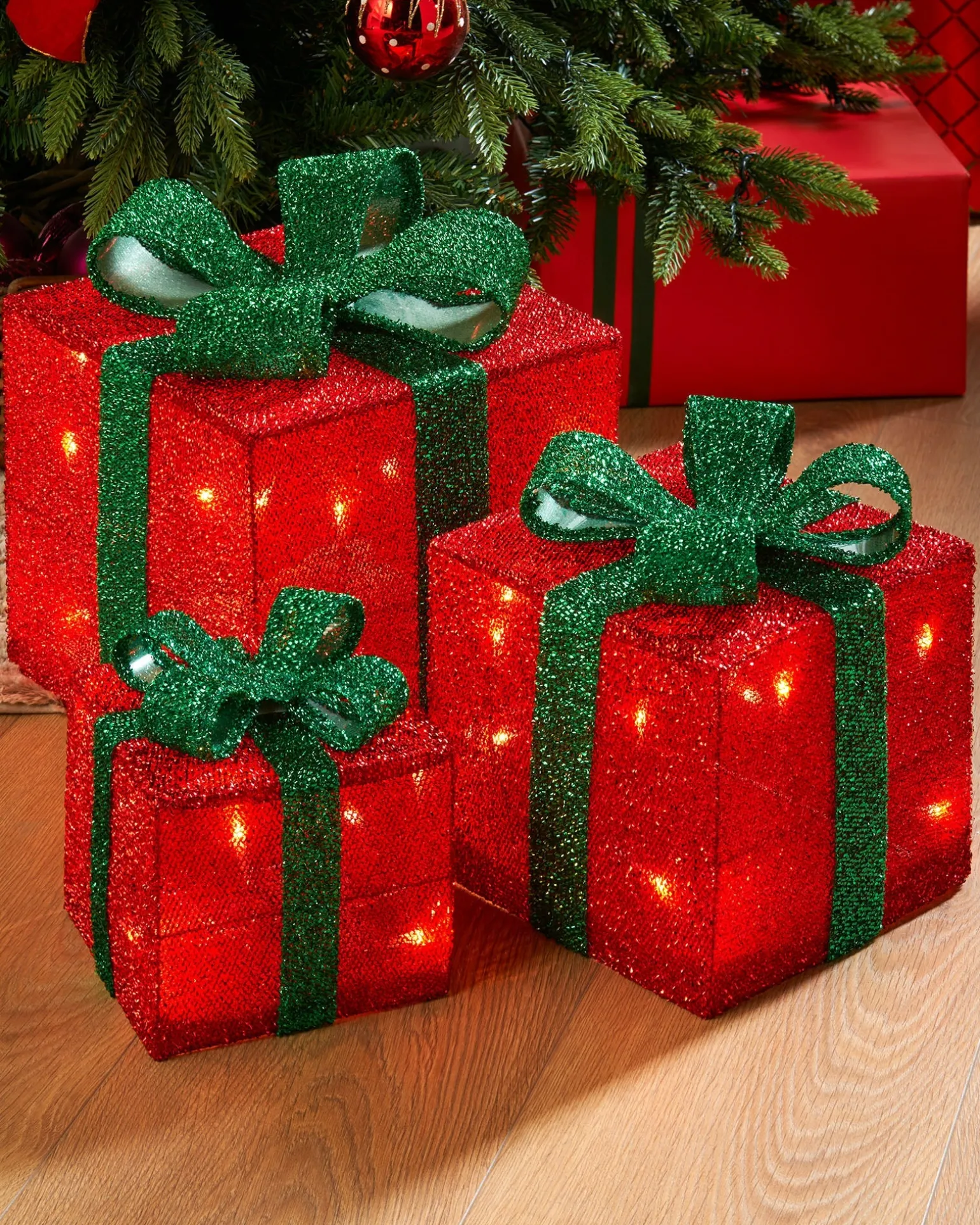 Set Of 3 Pre-Lit Gift Box Silhouettes 50 LED , Red