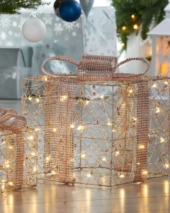 Set Of 3 Pre-Lit Gift Boxes, Rose Gold, 40 Cm