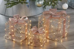 Set Of 3 Pre-Lit Gift Boxes, Rose Gold, 40 Cm