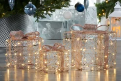 Set Of 3 Pre-Lit Gift Boxes, Rose Gold, 40 Cm