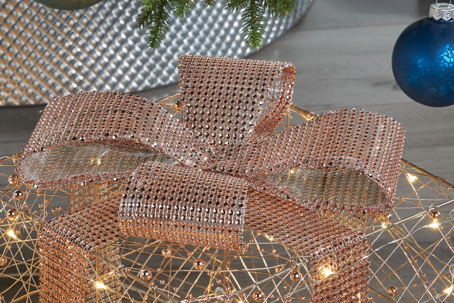 Set Of 3 Pre-Lit Gift Boxes, Rose Gold, 40 Cm