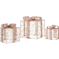 Set Of 3 Pre-Lit Gift Boxes, Rose Gold, 40 Cm