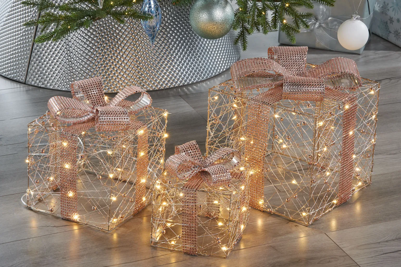 Set Of 3 Pre-Lit Gift Boxes, Rose Gold, 40 Cm
