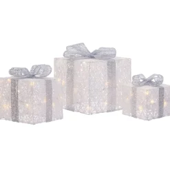 Set Of 3 Pre-Lit Gift Boxes, White, 25 Cm