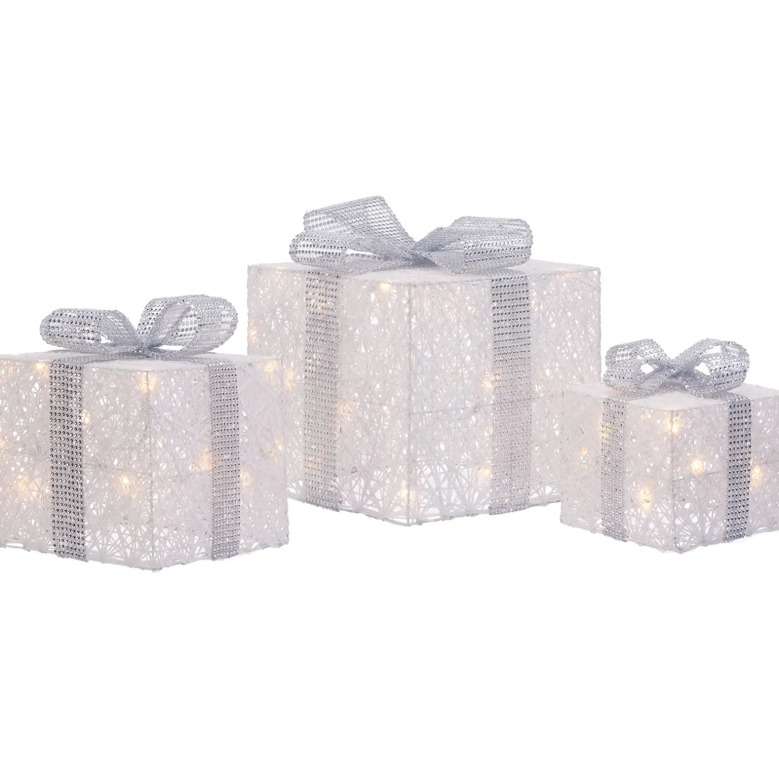 Set Of 3 Pre-Lit Gift Boxes, White, 25 Cm