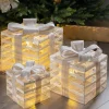 Set Of 3 Pre-Lit Paper String And Gauze Gift Boxes, 26 Cm