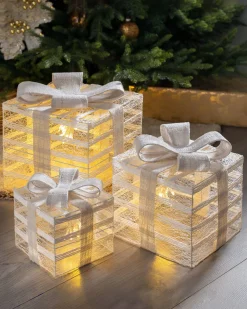 Set Of 3 Pre-Lit Paper String And Gauze Gift Boxes, 26 Cm