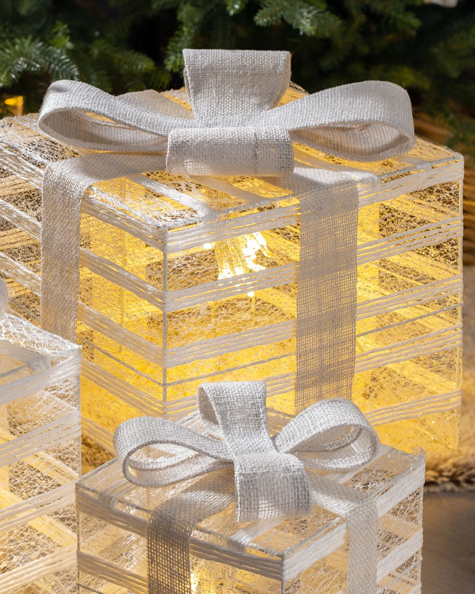 Set Of 3 Pre-Lit Paper String And Gauze Gift Boxes, 26 Cm