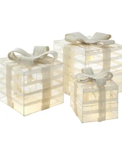 Set Of 3 Pre-Lit Paper String And Gauze Gift Boxes, 26 Cm