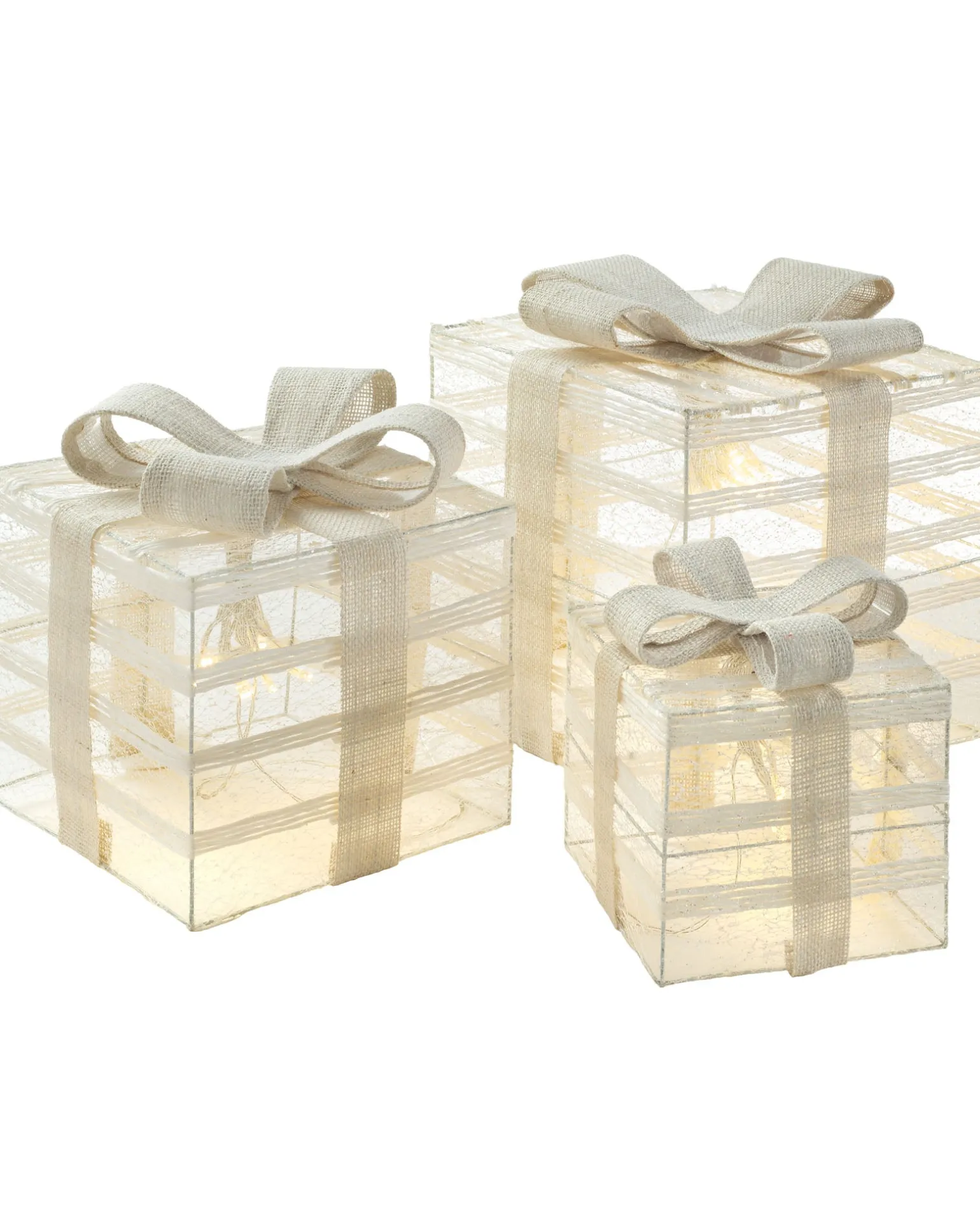 Set Of 3 Pre-Lit Paper String And Gauze Gift Boxes, 26 Cm