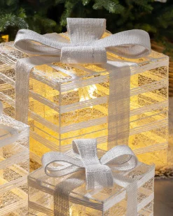 Set Of 3 Pre-Lit Paper String And Gauze Gift Boxes, 26 Cm