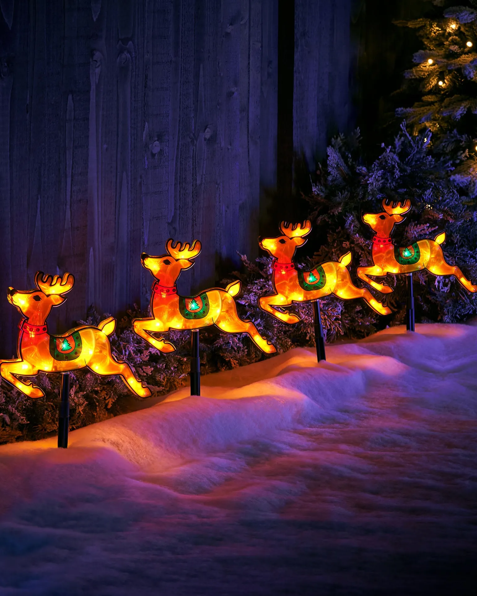 Set Of 4 Reindeer Silhouette Pathway Stake Lights, 26 Cm